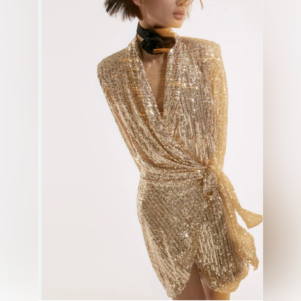 Zara gold sequin wrap and tie dress